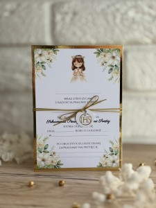 Zaproszenie na komunię  z dziewczynką i złotą kokardką