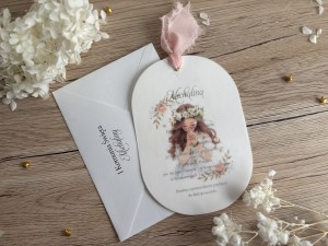 Owalne zaproszenie na Pierwszą Komunię Świętą dla dziewczynki 