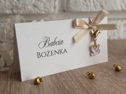 Winietka/podziękowanie na fakturowanym papierze z kokardką i gołębiem.