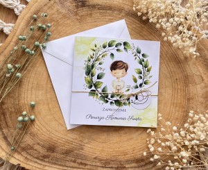 Zaproszenie na komunię  wianuszek z chłpczykiem