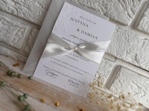 Zaproszenie ślubne - wytłaczane z satynową wstążką